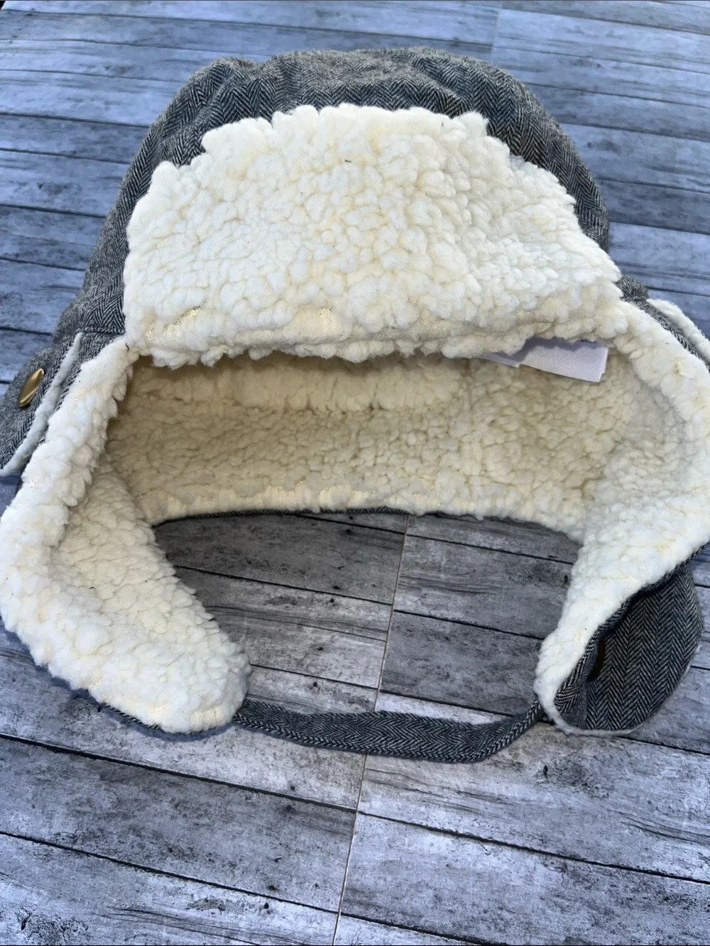 Janie and Jack Gray Herringbone Faux-Sherpa Trapper Hat